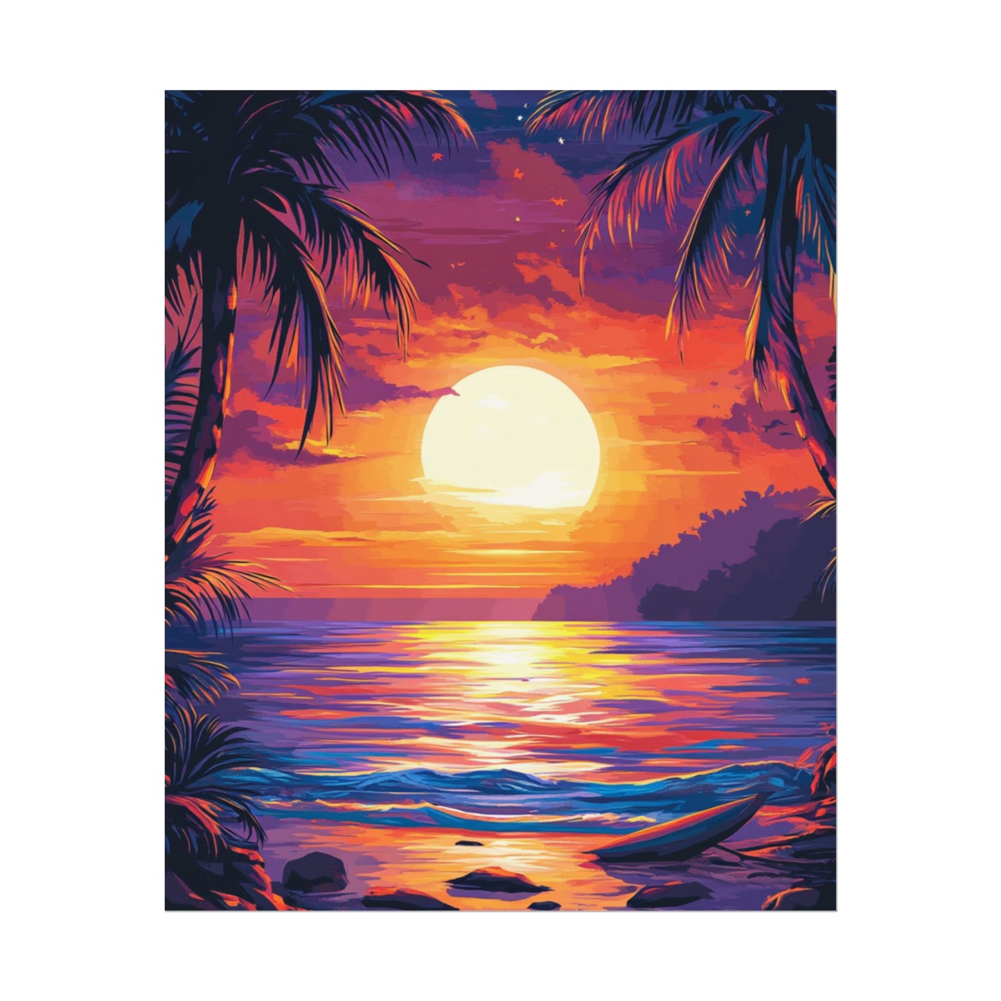 Tropical Sunset Paradise Wall Art - Bold Vibrant Sunset Beach Print with Palm Trees and Ocean Waves, Beach Lovers Gift, Unique Gift, Decor