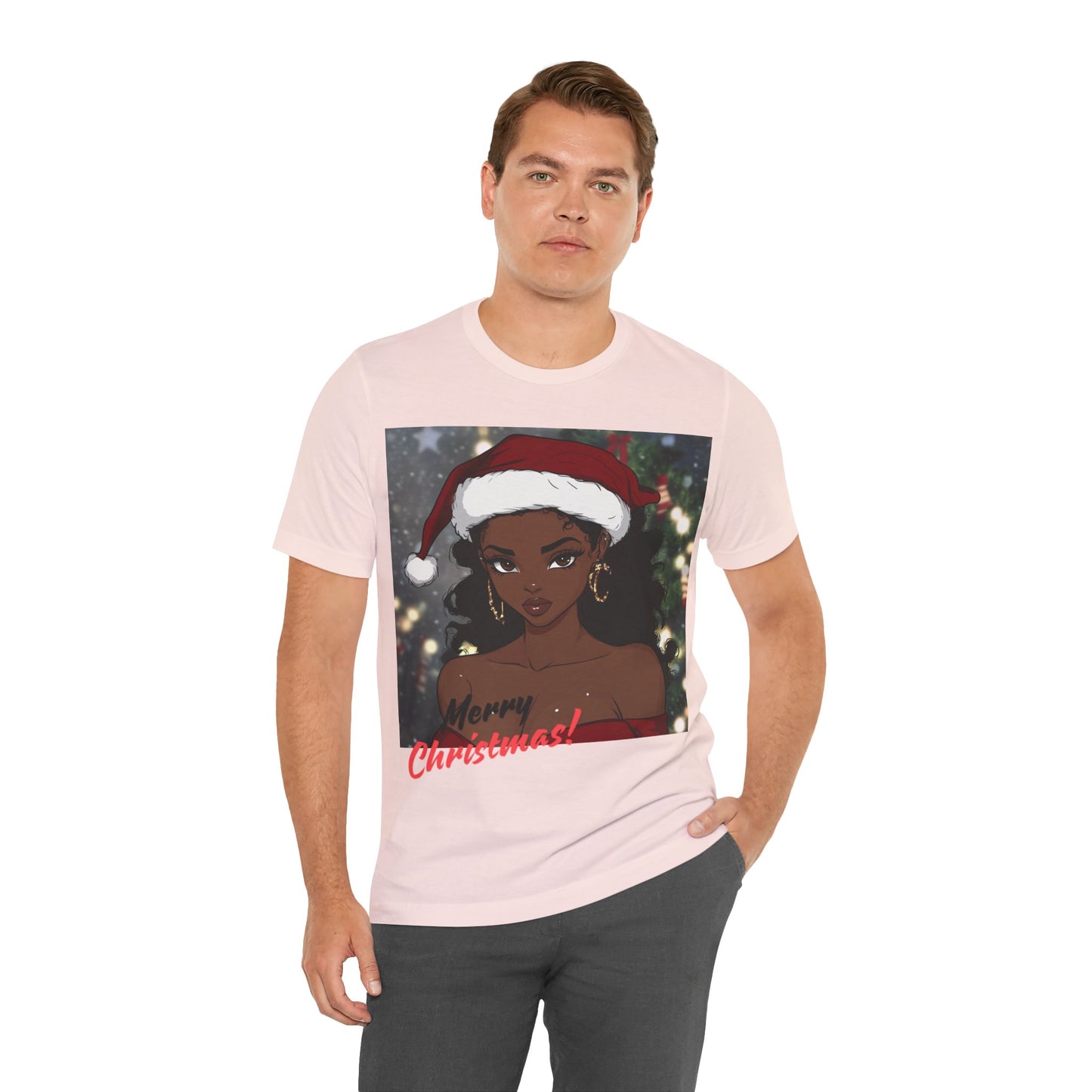 Black Woman Christmas Tee, Santa Hat Merry Christmas Shirt, Holiday Season Unisex Tee, Festive Afro American T-Shirt, Xmas Outfit Top