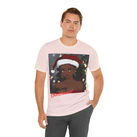 Black Woman Christmas Tee, Santa Hat Merry Christmas Shirt, Holiday Season Unisex Tee, Festive Afro American T-Shirt, Xmas Outfit Top