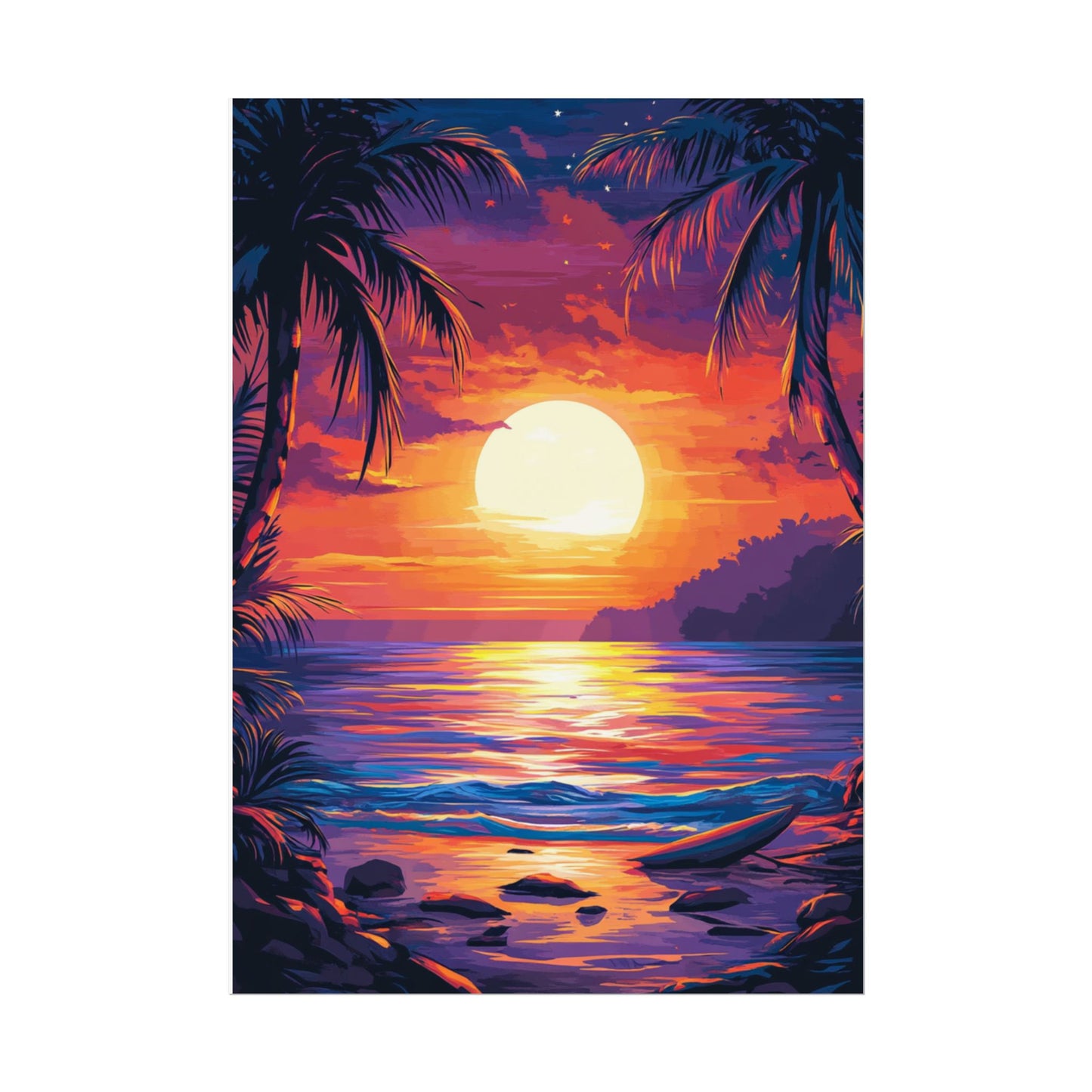 Tropical Sunset Paradise Wall Art - Bold Vibrant Sunset Beach Print with Palm Trees and Ocean Waves, Beach Lovers Gift, Unique Gift, Decor