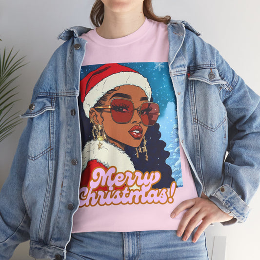 Christmas Black Woman Tee, Holiday Santa Hat Shirt, Festive Xmas Outfit Top, Red Glasses Tshirt, African American Clothing, Merry Christmas