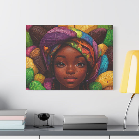 Vibrant Afrocentric Art Canvas Featuring a Young Black Woman with a Colorful Headwrap and Tropical Vibes