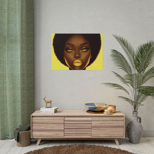 Poster, Yellow Inspired Mod 60's Black Women with Afro and Coloured Eyes, Retro Wall Art, Vintage Decor, Groovy Room Accent, Unique Dorm