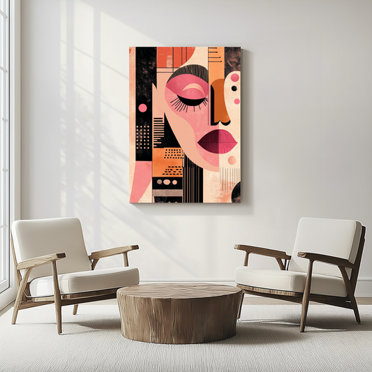 Abstract Afrocentric Modern Canvas Wall Art - Bold Geometric Design in Pink, Orange, and Black, Cubist Design, Contemporary Art