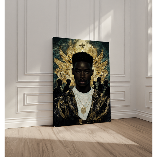 Regal Black King Canvas Art – Afrocentric Gold Crown Design with Divine Elegance