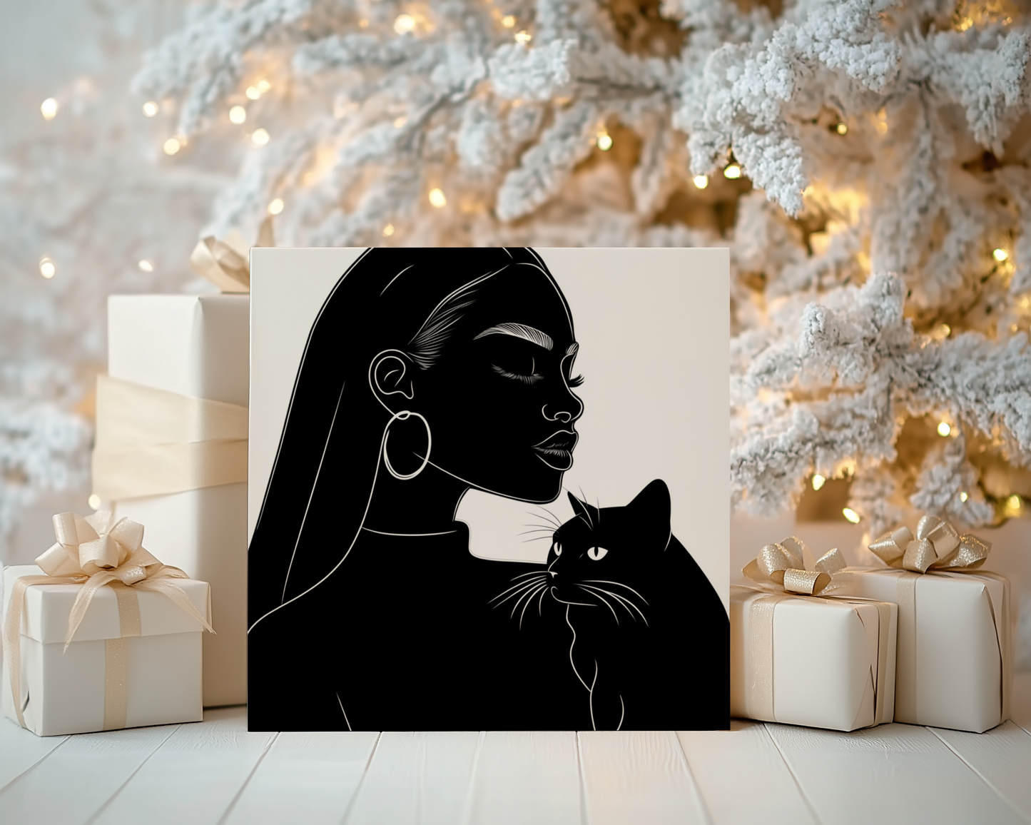 Minimalist Black Woman and Cat Poster – Elegant Black and White Art