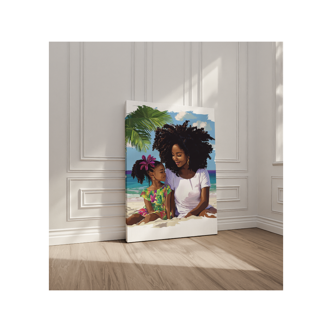 Black Mother Daughter Natural Hair Beach Wall Art, African American Art, Home Decor, Family Portrait, Mother's Day Gift