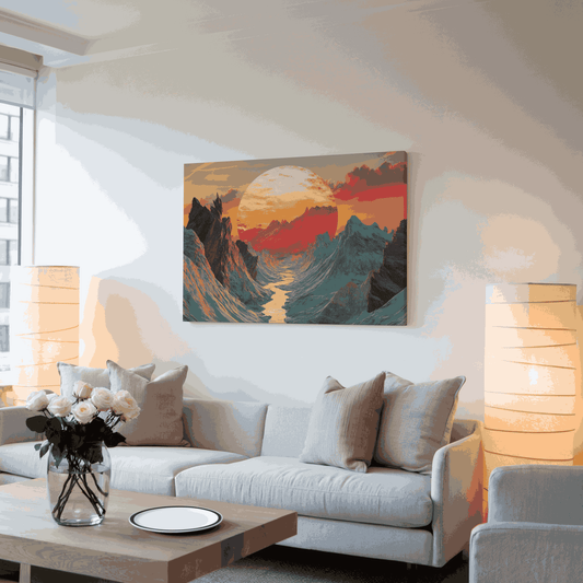 Majestic Sunset Mountain Landscape Canvas Wall Art - Vibrant Nature Artwork for Modern and Rustic Interiors