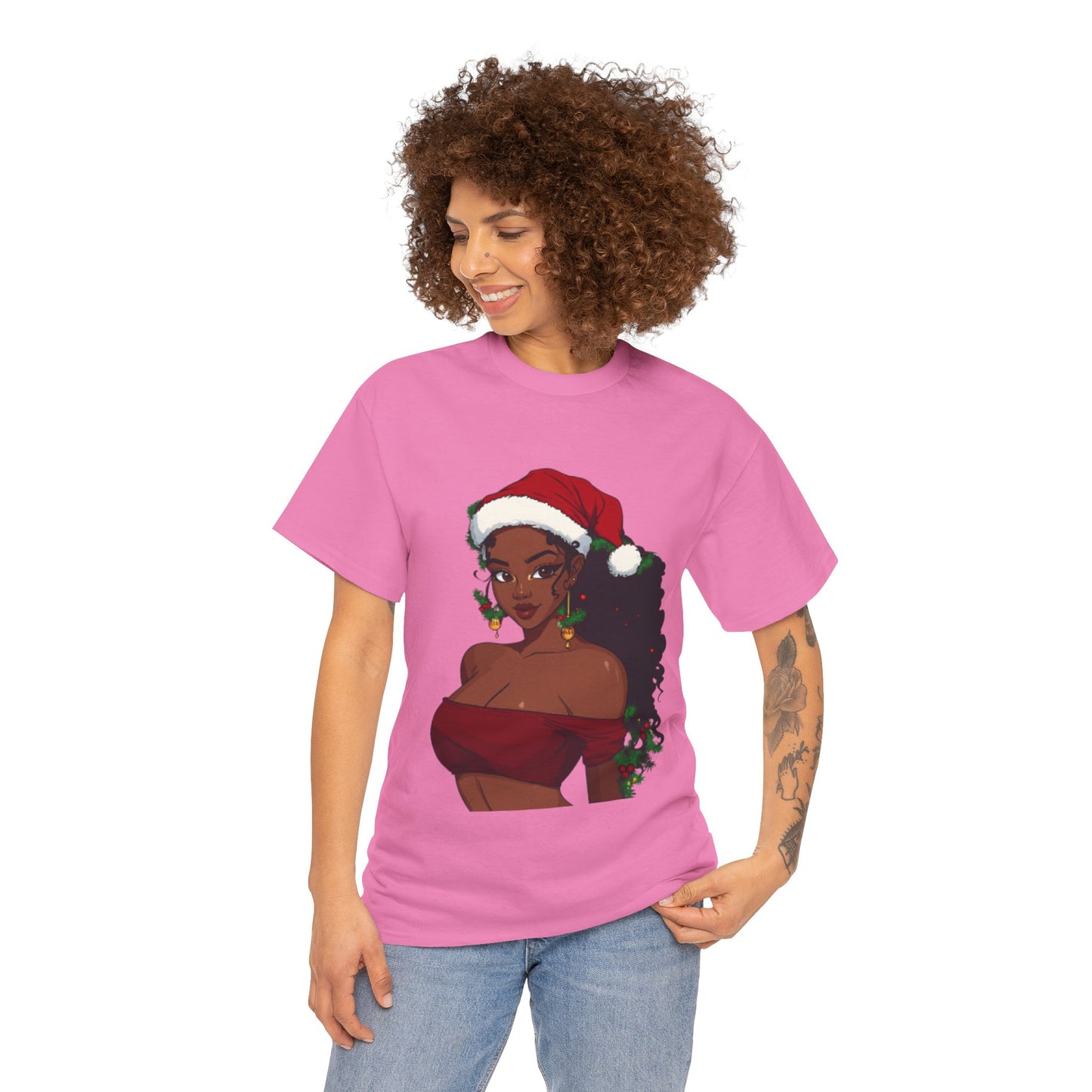 Black Woman Christmas Tee, Afrocentric Santa Tshirt, Holiday Jewelry Shirt, Red Top Unisex Cotton Tee, Festive Xmas Apparel