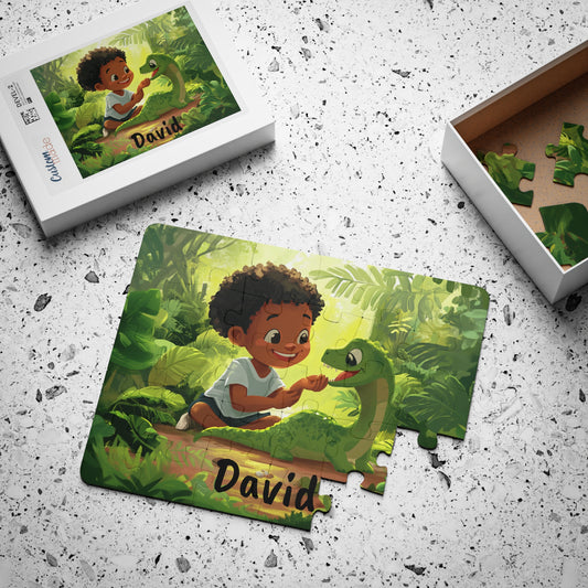 Kids' Puzzle, 30-Piece - Cute Personalized Jungle Theme T-Rex Dinosaur Black Boy Cartoon Gift, Custom Name Option, Children's Activity Set,