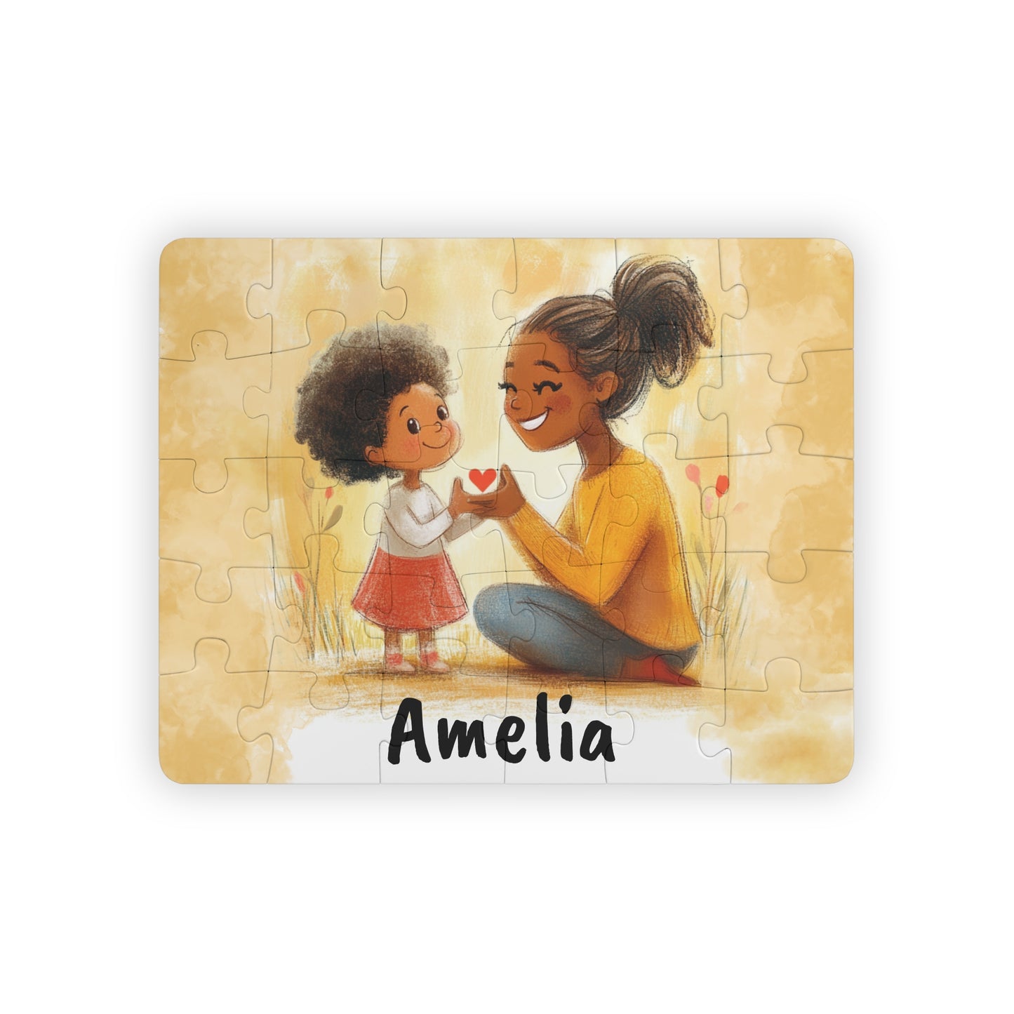 Kids' Puzzle, Personalized 30-Piece Jigsaw, Afro Mother Daughter Watercolor Art, Custom Name Option, Heart Design