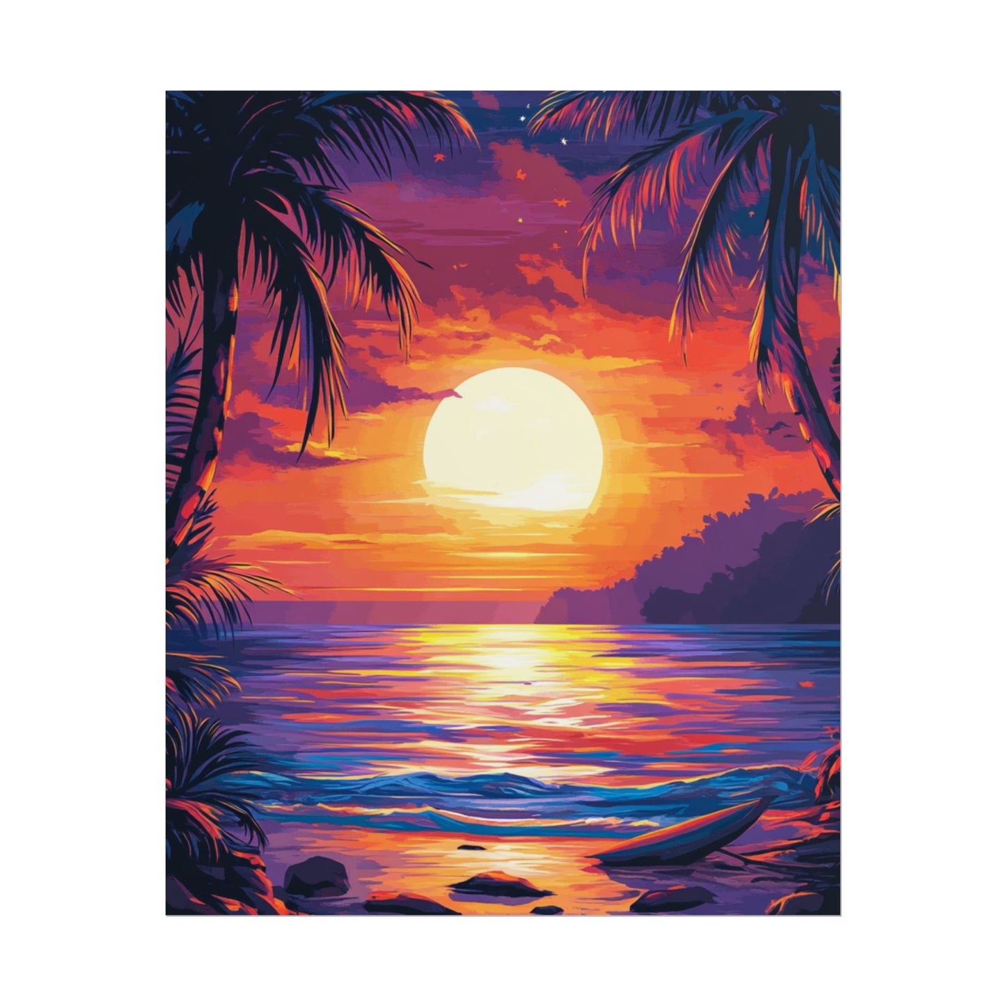 Tropical Sunset Paradise Wall Art - Bold Vibrant Sunset Beach Print with Palm Trees and Ocean Waves, Beach Lovers Gift, Unique Gift, Decor