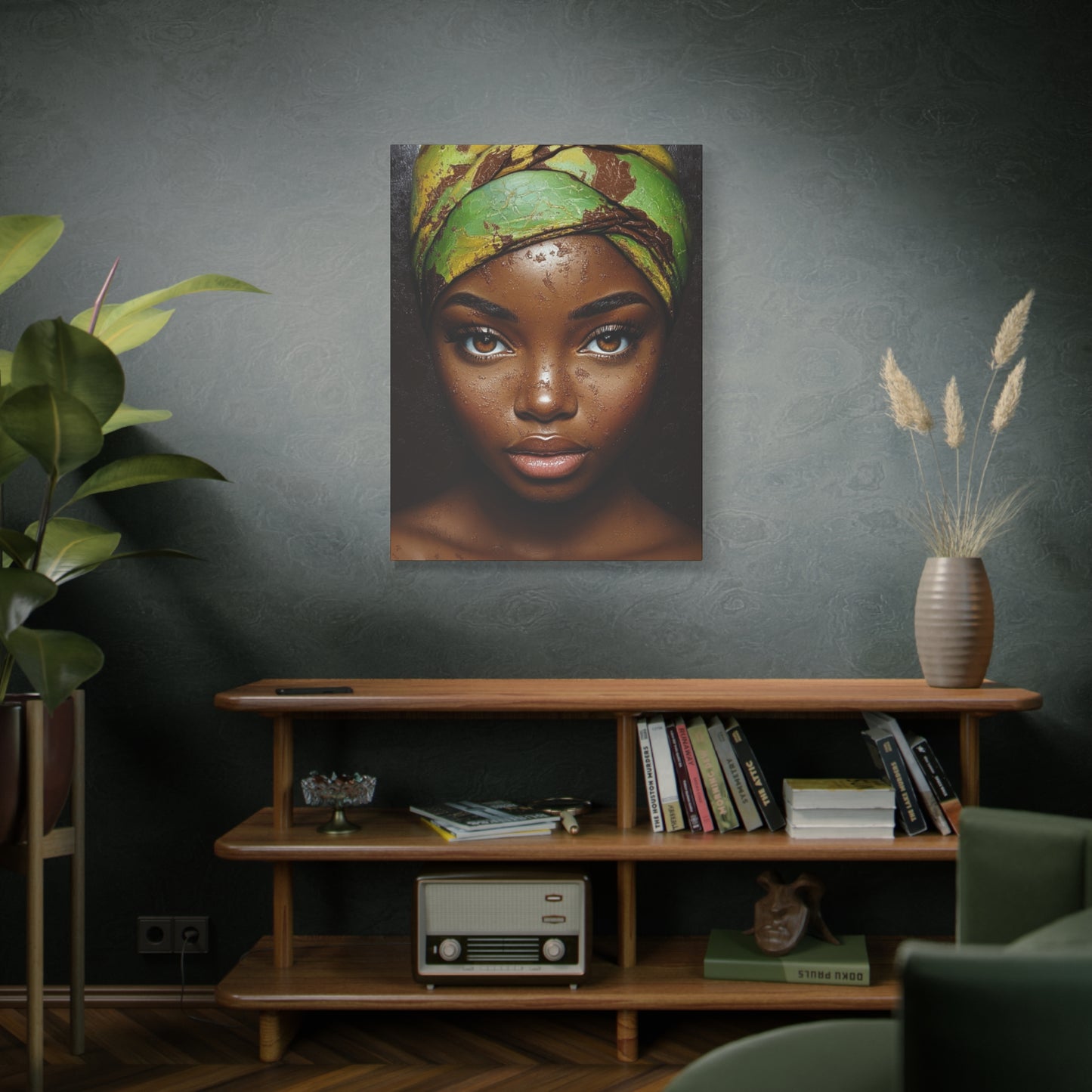 Canvas Print, Beautiful Black Woman with Green Wrap and Chocolate Face, African American Art, Ethnic Decor, Wall Art Print, Home Decor