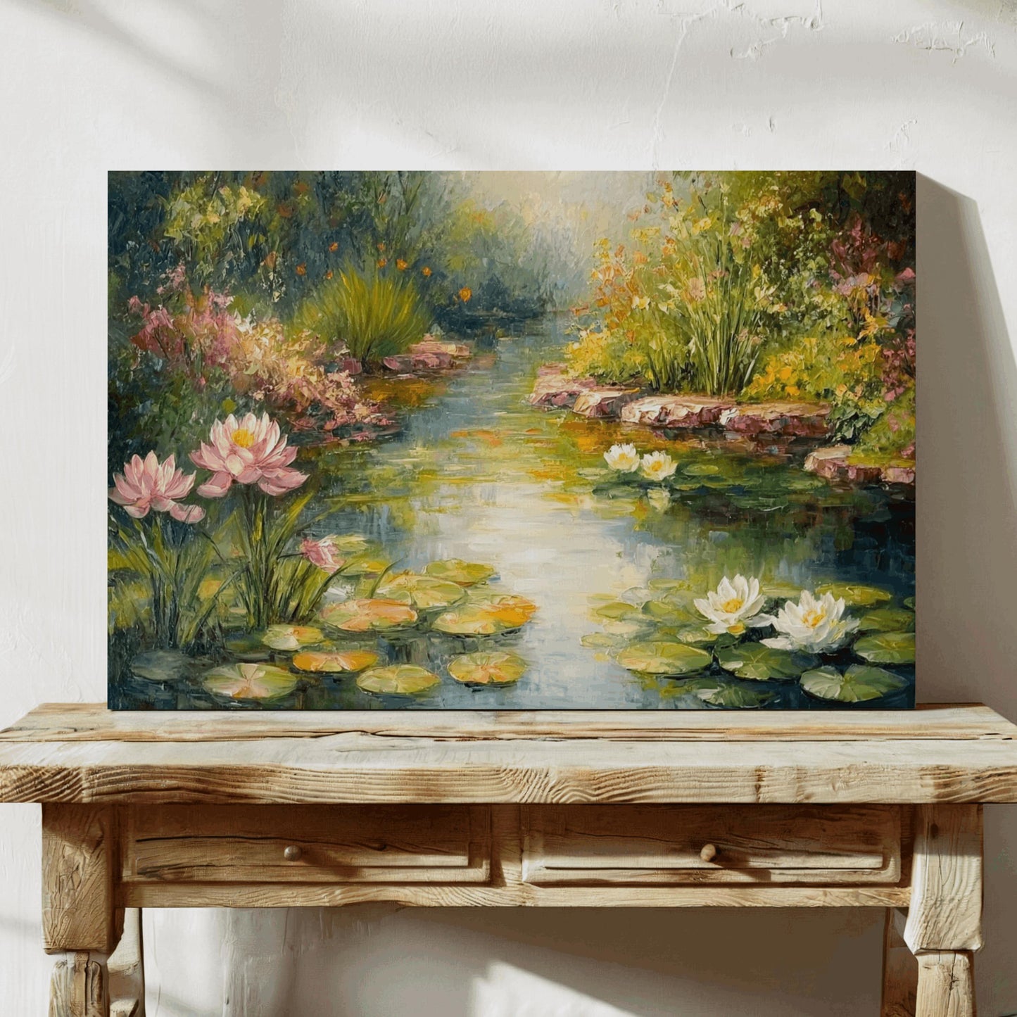 Serene Water Lily Pond Canvas Wall Art – Vibrant Oil Painting of Tranquil Nature Scene, Lily Pads & Flowers – Perfect for Home Decor