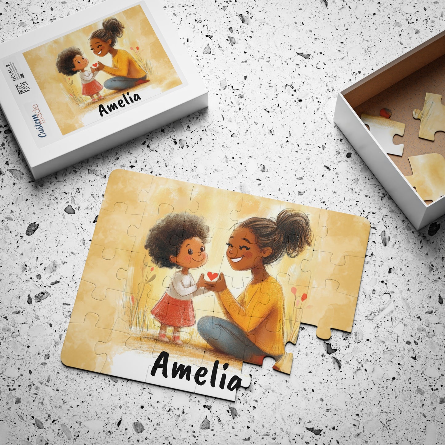 Kids' Puzzle, Personalized 30-Piece Jigsaw, Afro Mother Daughter Watercolor Art, Custom Name Option, Heart Design