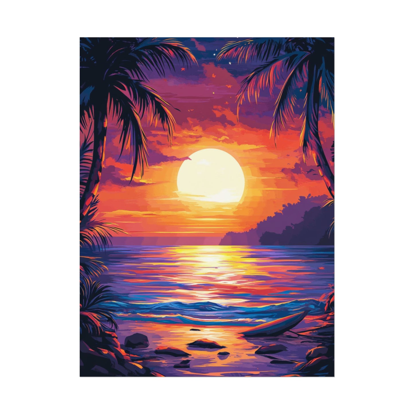 Tropical Sunset Paradise Wall Art - Bold Vibrant Sunset Beach Print with Palm Trees and Ocean Waves, Beach Lovers Gift, Unique Gift, Decor