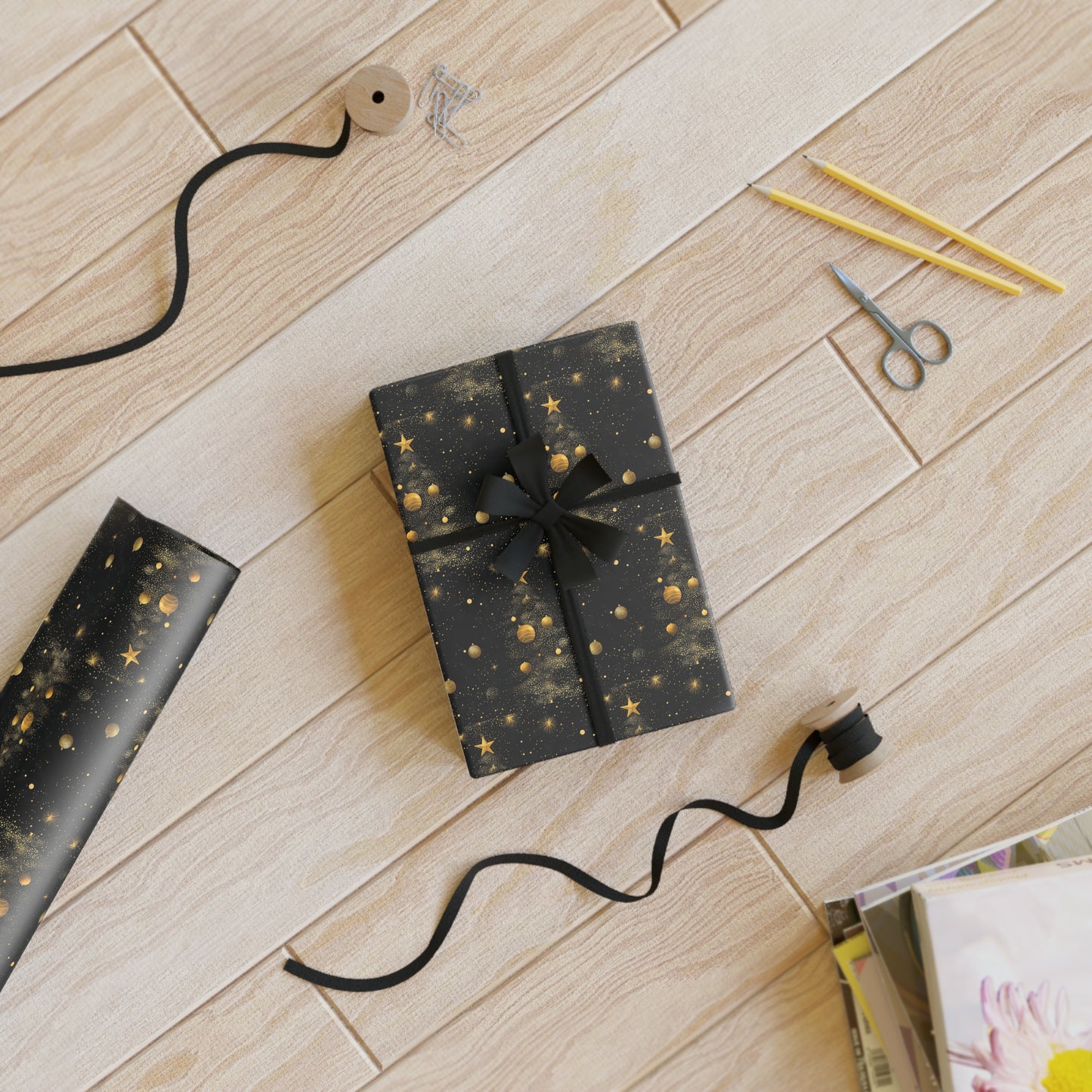 Luxury Black and Gold Christmas Gift Wrapping Paper | Festive Elegant Holiday Wrap | Premium Gift Packaging for Xmas Presents