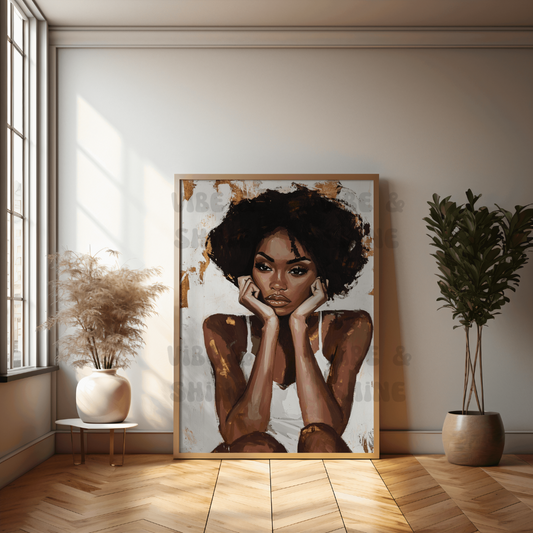 Thoughtful Afrocentric Canvas Art - Black Woman Portrait with Neutral Tones - Elegant Home Decor, Natural Hair Art, Beautiful Home Decor