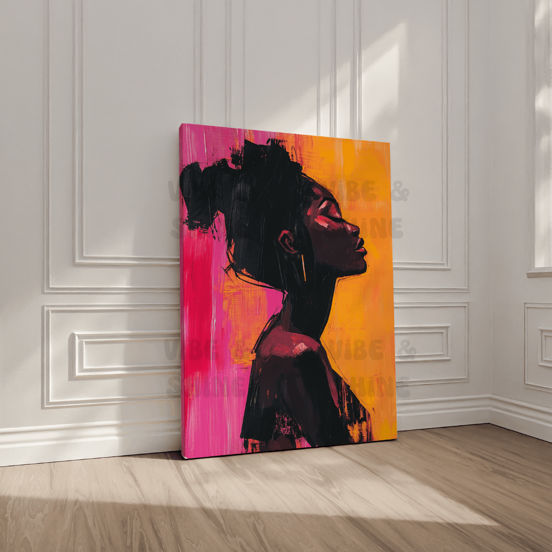 Empowering Afrocentric Canvas Wall Art - Bold Black Woman Portrait with Vibrant Colors - Feminine Strength and Grace, Pink and Orange Decor