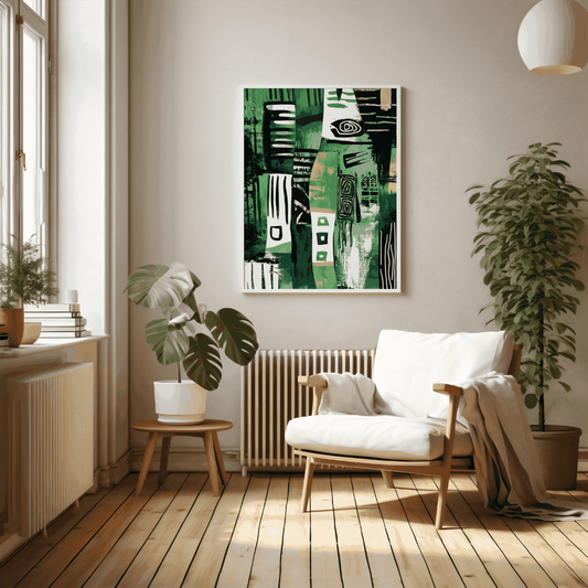 Abstract Green Tribal-Inspired Canvas Wall Art – Bold Modern Design, Afrocentric, Tribal Art, Cultural Home Decor