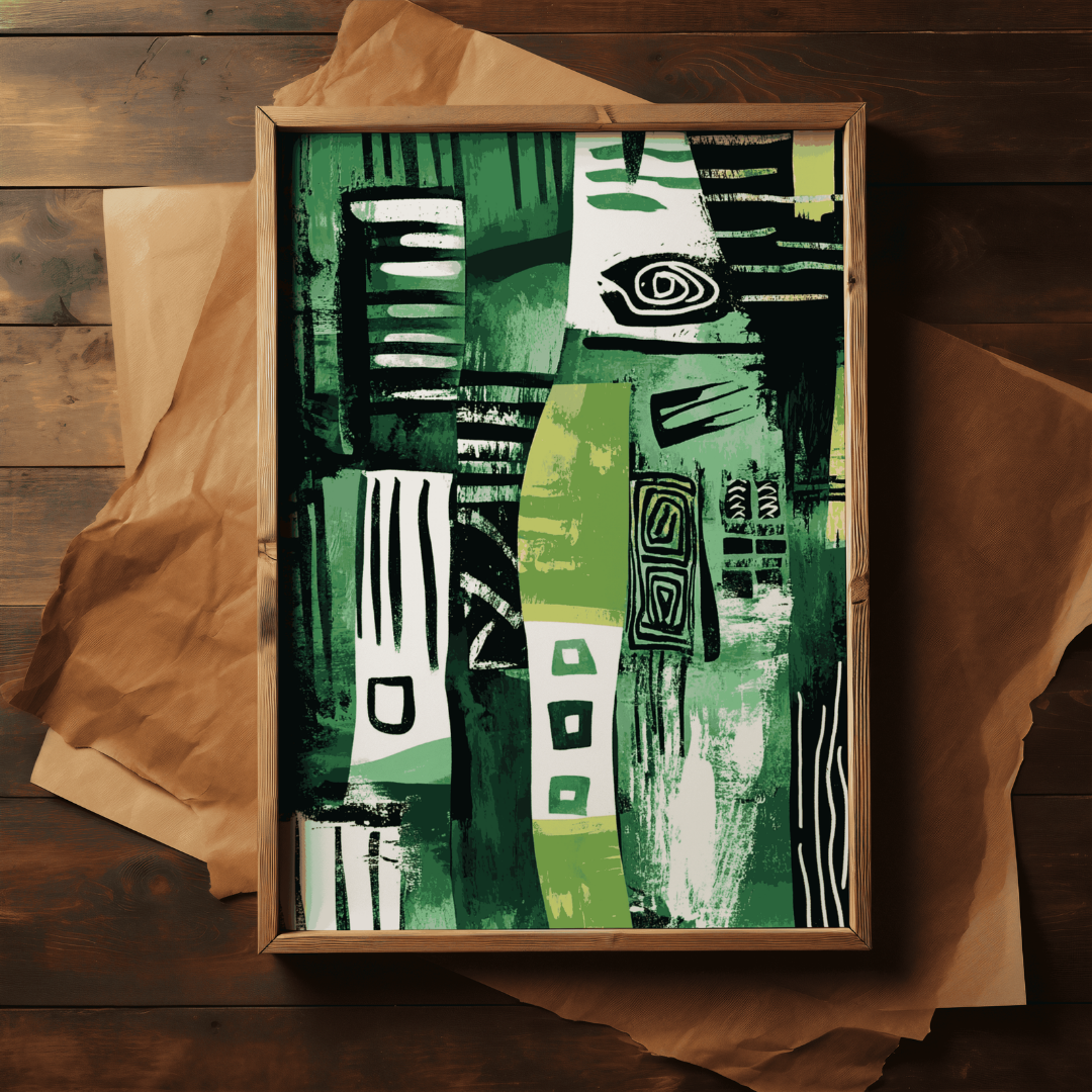 Abstract Green Tribal-Inspired Canvas Wall Art – Bold Modern Design, Afrocentric, Tribal Art, Cultural Home Decor