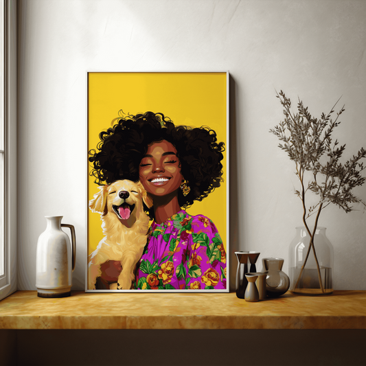 Vibrant Black Woman and Golden Retriever Poster – Joyful Pop Art Design