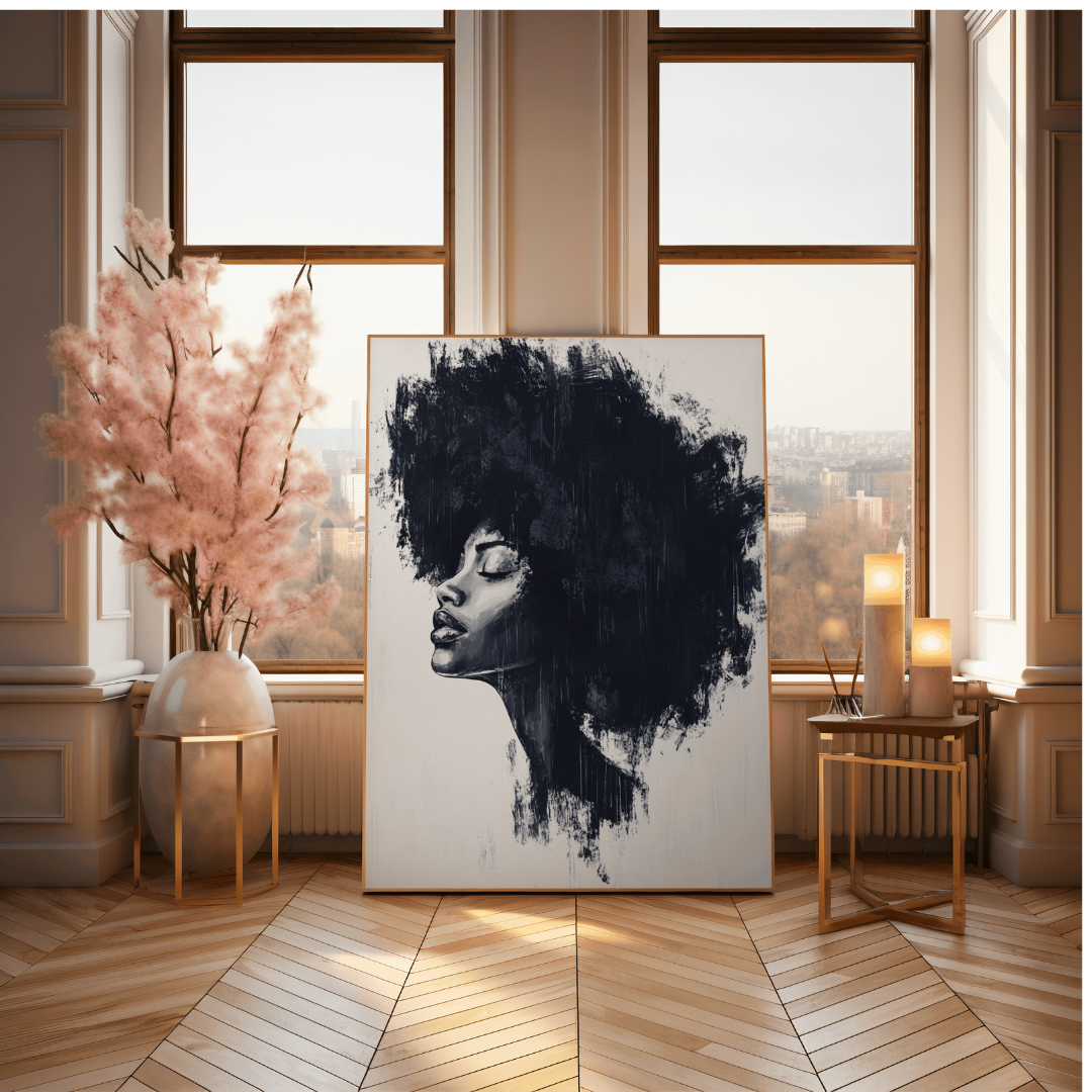 Afrocentric Minimalist Black Woman Art Print - Bold Textured Afro Wall Art - Empowering Neutral Palette Canvas Art, Natural Hair Art