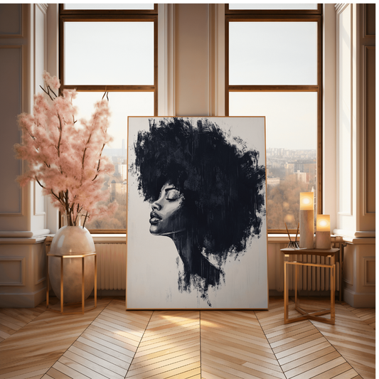 Afrocentric Minimalist Black Woman Art Print - Bold Textured Afro Wall Art - Empowering Neutral Palette Canvas Art, Natural Hair Art