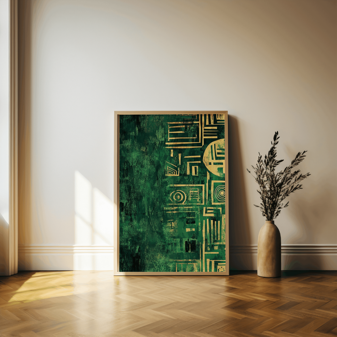 Abstract Afrocentric Canvas Art | Green and Gold Tribal-Inspired Design | Bold Cultural Wall Decor for Modern Homes