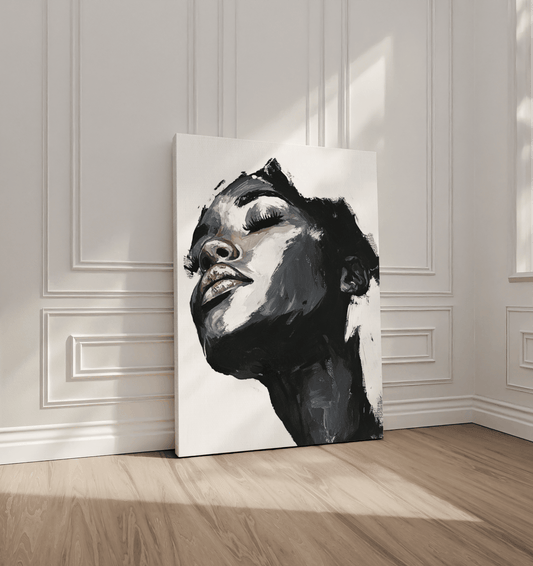 Minimalist Afrocentric Canvas Art - Black and White Portrait of a Black Woman - Elegant Modern Wall Decor, Monochromatic Home Decor