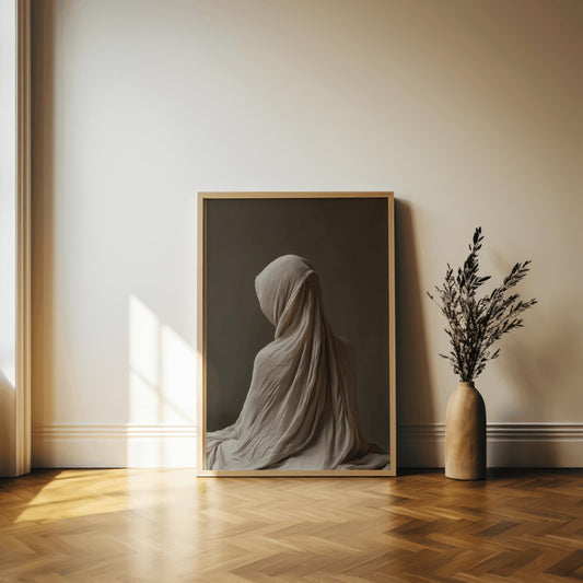 Ethereal Neutral Toned Draped Canvas Art - Minimalist, Elegant, Timeless Wall Decor for Modern Spaces, Faceless Portrait